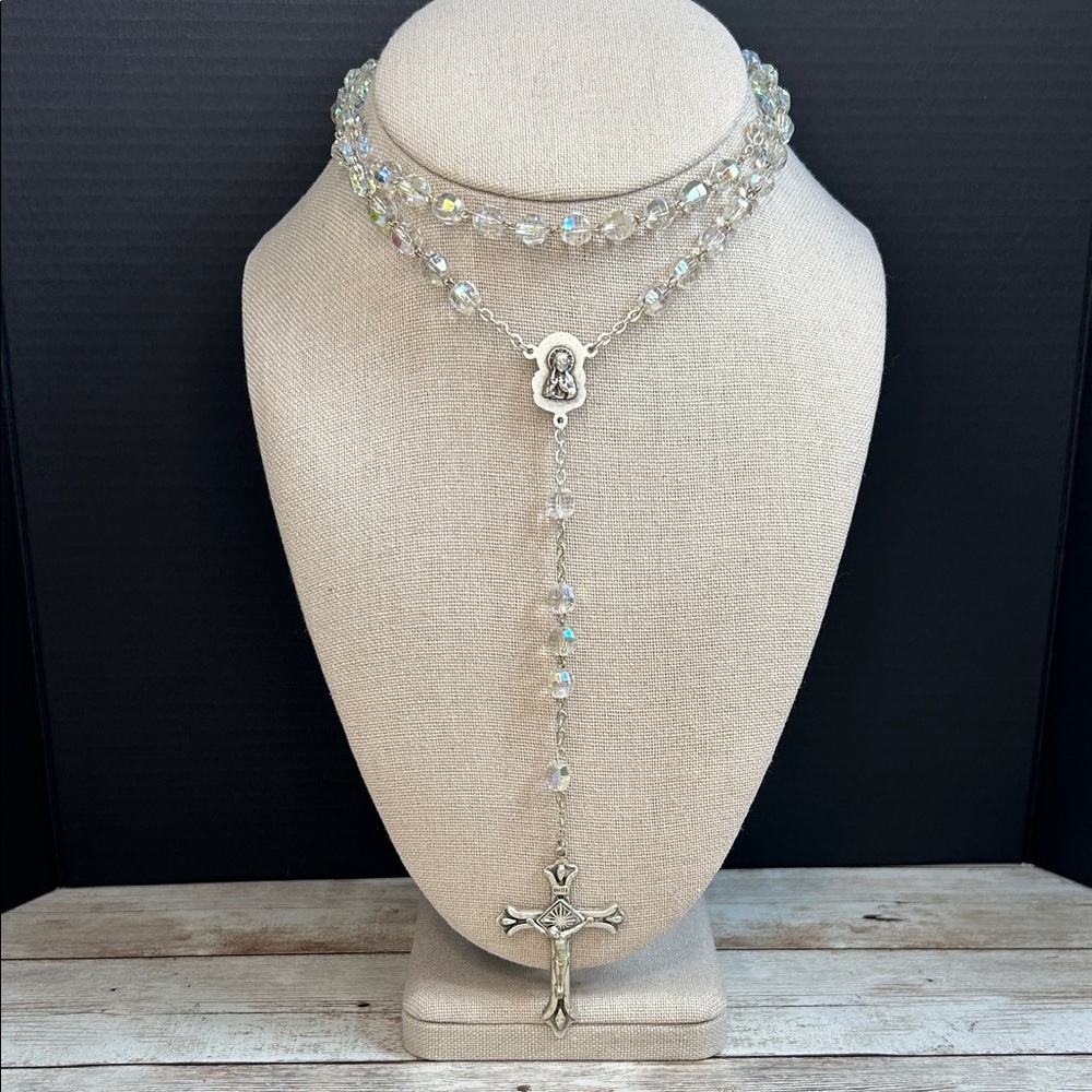Gorgeous Silver and Crystal AB Rosary Necklace